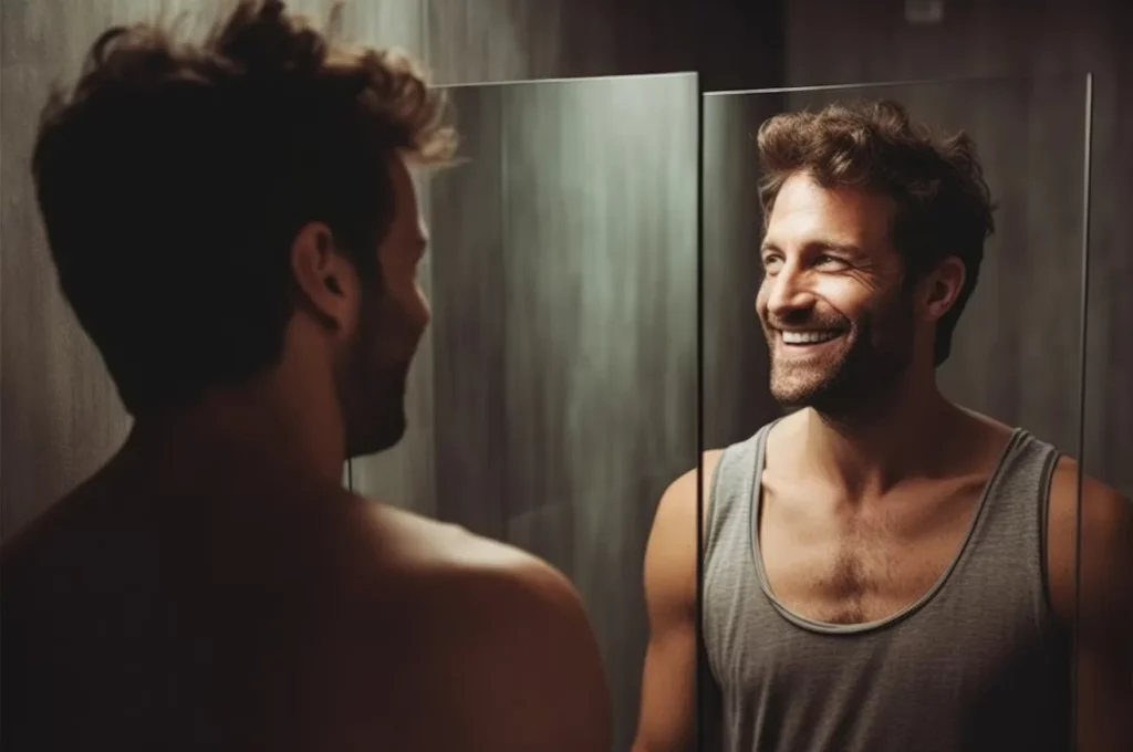 homme confiant se sent bien sourit face miroir effet